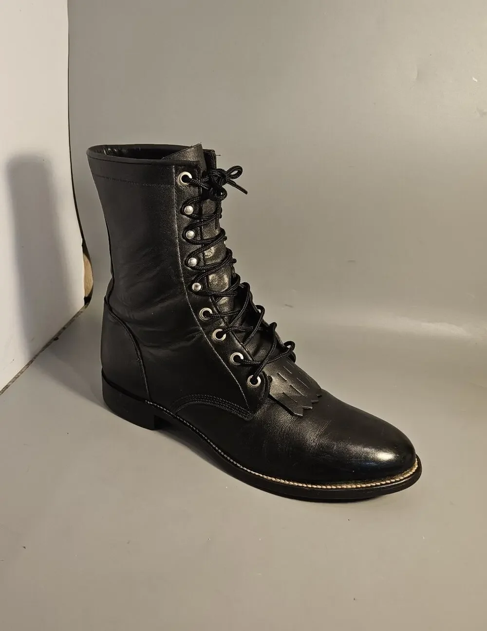 VTG Justin 506 Boots Mens 8 D Black Leather Kiltie Lace Roper Lacer Western USA